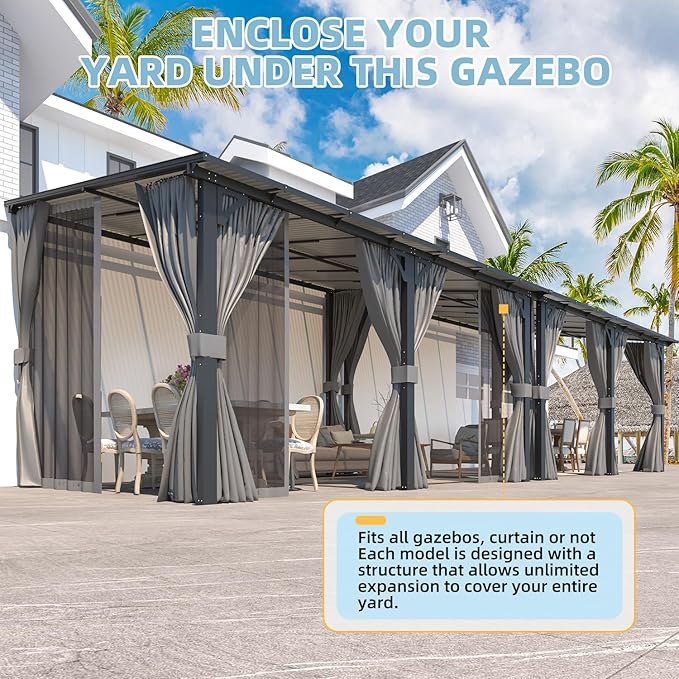 AECOJOY 14' x 10' Gazebo for Patio, Hard Top Lean to Gazebo Pergola with Curtains and Mosquito Netting, Large Wall-Mounted Heavy Duty Awnings for Patio, Decks, Backyard and More