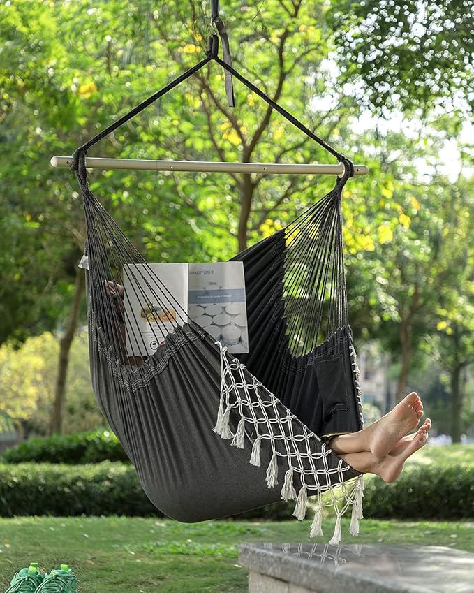 MIZTLI Hammock Chair Hanging Chair Swing Chair XXL Large Macrame Swing Indoor Hammock for Bedroom - Max 500 Lbs - 2 Cushions & All Hanging Kit Included