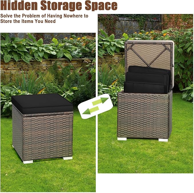 RELAX4LIFE Wicker Outdoor Storage Ottoman, 2-Piece Rattan Footstool w/Removable Cushion, Multipurpose Footrest Stool Side Table Additional Seating, Set of 2 Outdoor Ottomans for Patio Deck (Black)