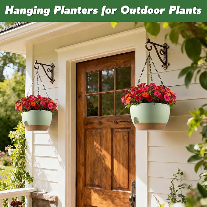 4-Piece Set of 8-Inch Hanging Planters with Automatic Watering System and Drip Tray, Includes Metal Chain, Suitable for Various Indoor and Outdoor Plants and Flowers, Green-Brown
