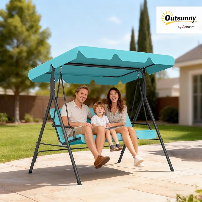Outsunny 3-Seat Outdoor Patio Swing Chair with Removable Cushion, Steel Frame Stand and Adjustable Tilt Canopy for Patio, Garden, Poolside, Balcony, Backyard, Green
