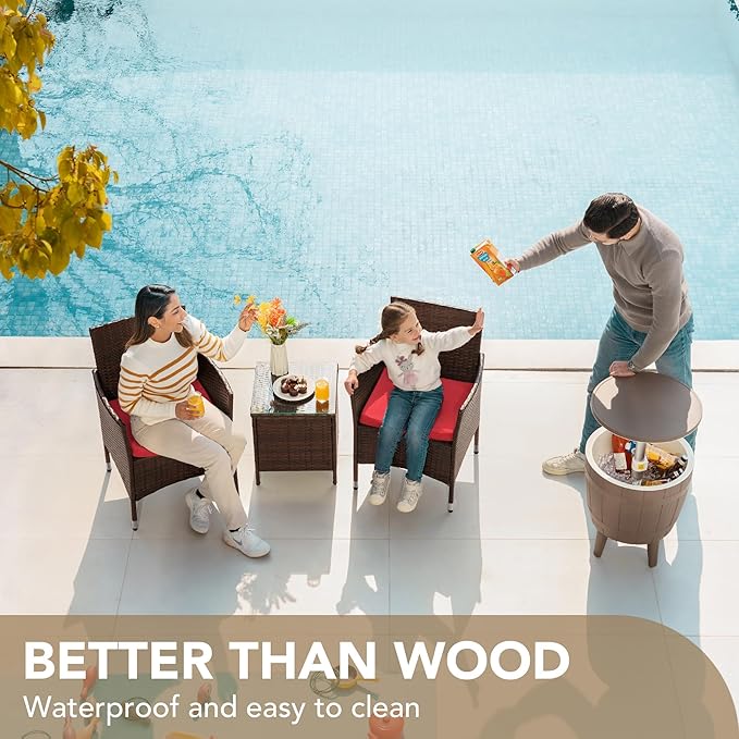 Devoko Patio Porch Furniture Sets 3 Pieces PE Rattan Wicker Chairs with Table Outdoor Garden Furniture Sets (Brown/Red)