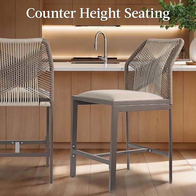 Best Choice Products Indoor Outdoor Counter Height Bar Stools Set of 2, Armless Kitchen Counter Stools w/Back and Footrest, Built-in Cushion, Aluminum Frame - Taupe/Sandstorm