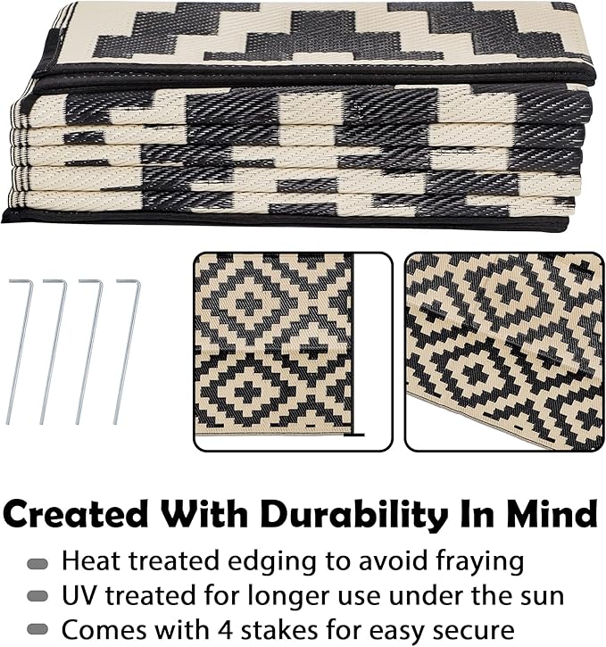 SAND MINE Waterproof Outdoor Rug 9x12 ft, Plastic Reversible Rug, Modern Area Rug, Large Floor Mat for Outdoors, RV, Patio, Backyard, Deck, Picnic, Beach, Camping