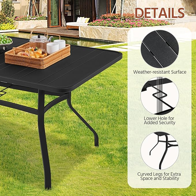Yaheetech Outdoor Dining Table for 6 People, Rectangle Metal Slatted Patio Table with Umbrella Hole, Outdoor Furniture Garden Table for Garden Poolside, Backyard, Black