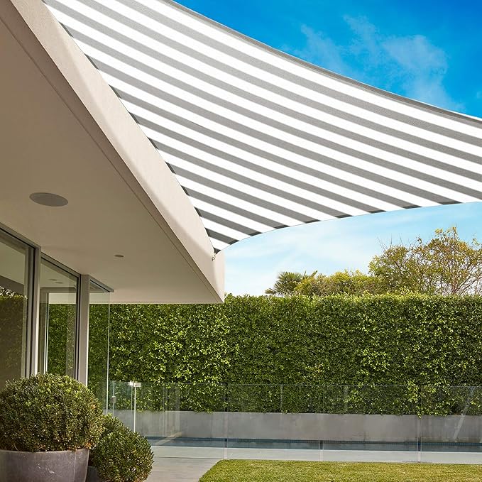 E&K Sunrise 19' x 19' x 19' Sun Shade Sail Triangle Canopy Shade Cover UV Block for Patio Backyard Garden Outdoor (Gray White Strip)