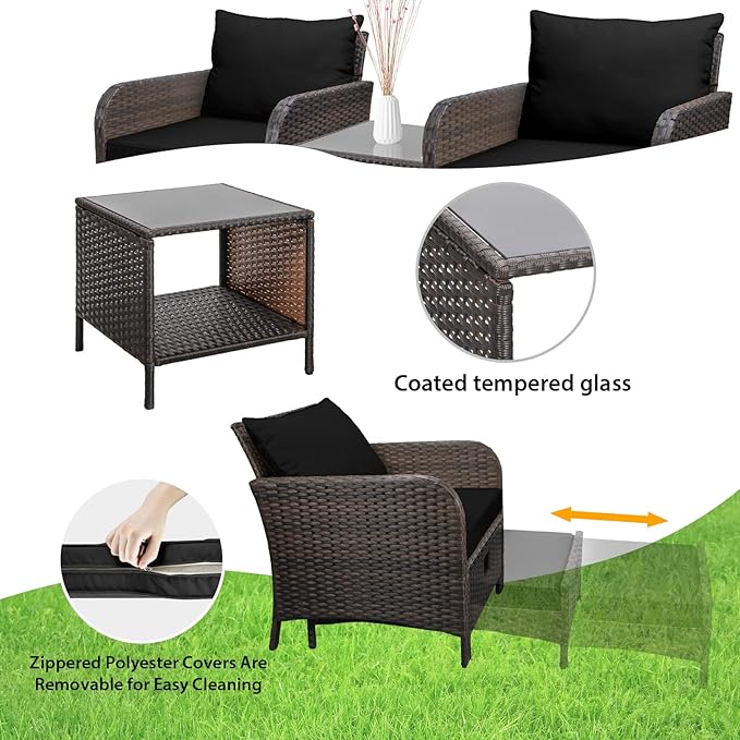 LEVELEVE Balcony Furniture 5 Piece Patio Conversation Set, PE Wicker Rattan Outdoor Lounge Chairs with Soft Cushions 2 Ottoman&Glass Table for Porch, Lawn-Brown Wicker（Black