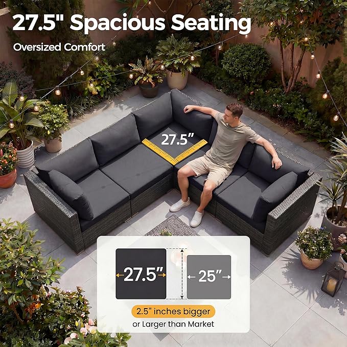 NICESOUL 8 Seater Outdoor Patio Furniture Sectional Sets with Firepits Table Natural Gas Propane, 29.3'' High Back Comfy Wicker Conversation, 9 Piece Deep Wide Modern Modular Sofa for Backyard, Grey