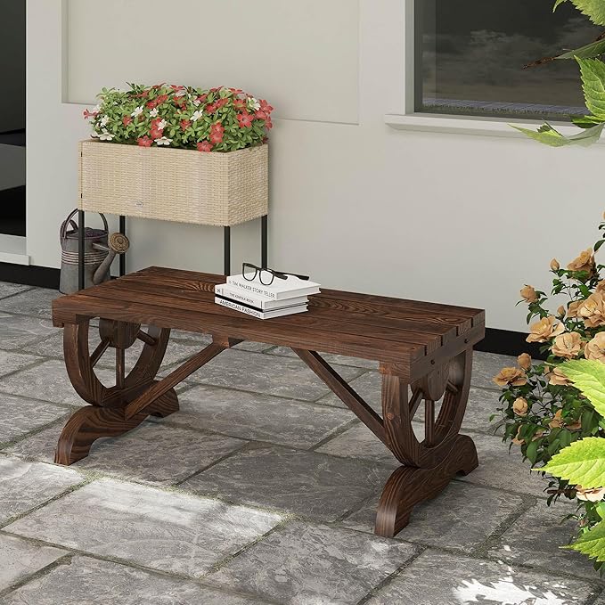 Outsunny 2-Person Wooden Garden Bench, Outdoor Wagon Wheel Porch Bench for Backyard Garden, Support 550 LBS, Rustic Country Style Patio Furniture, Brown