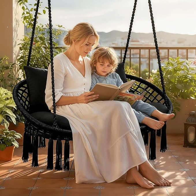 MoNiBloom 2 Seat Hammock Chair Hanging Macrame Swing 3 Cushions Included, Indoor/Outdoor Boho Chair for Adults, Max 700 lbs Capacity Patio Hanging Chair Porch Hammock Chair Hanging Rope Swing, Black