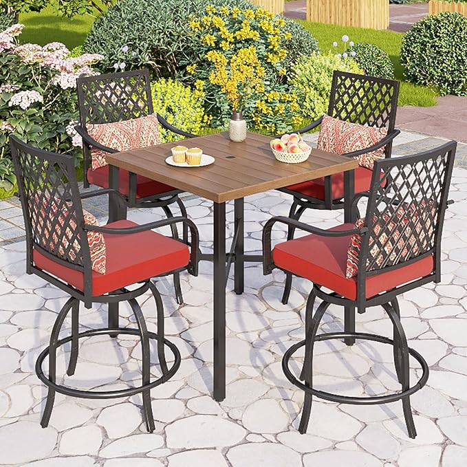 PHI VILLA 5 pcs Outdoor Bar Set, Outdoor Swivel Bar Stool with Red Seat Cushion and Lumbar Support,Extra Large Metal Bar Table with Umbrella Hole for Poolside Garden