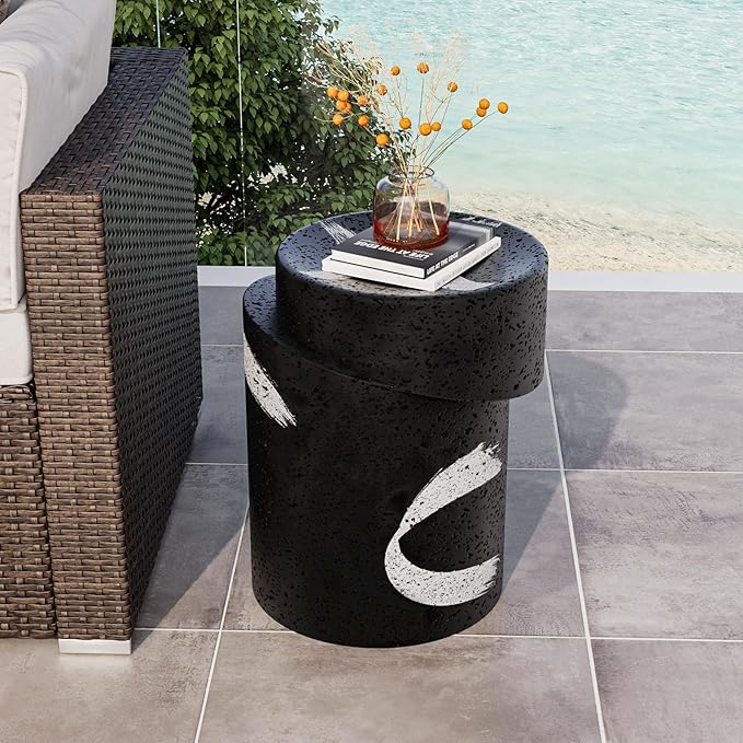 COSIEST Outdoor Side Table Black, Cylinder Shaped MgO Concrete Side Table, Lightweight Accent Table w Scrawl Patio End Table, Round Plant Stand for Garden and Deck