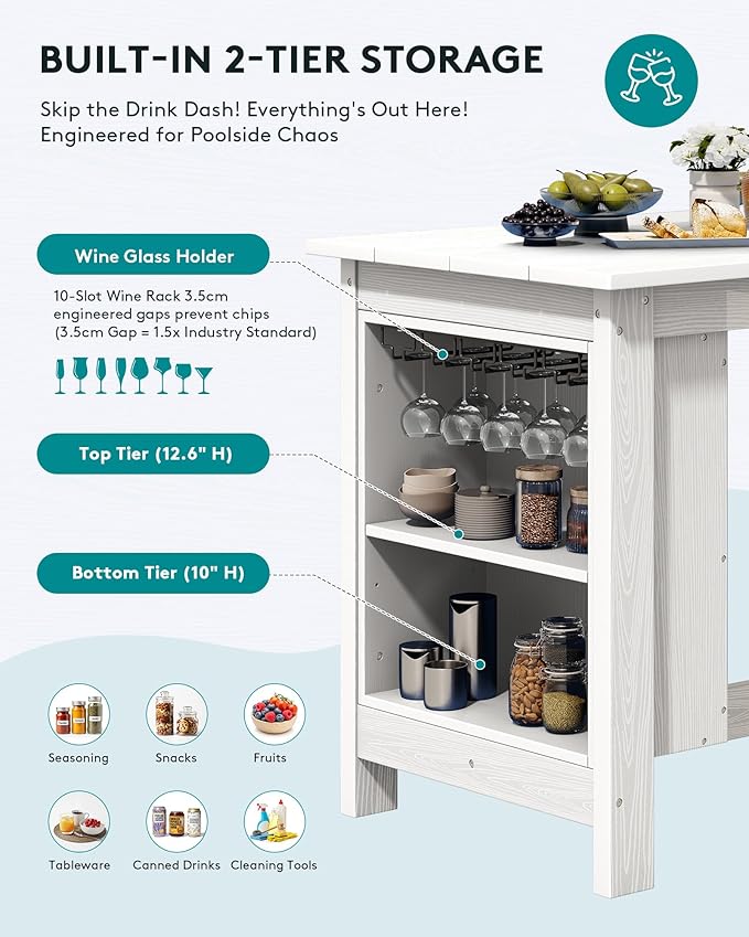 SERWALL 10-Piece HDPE Counter Height Dining Table Sets with Storage and Wine Rack, 2 Rectangular Bar Table with Bar Stools Set of 8 for Garden, Backyard, Kitchen, White