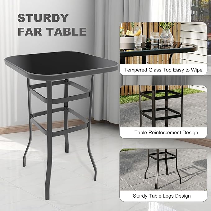 5 Piece Outdoor High Top Bar Set, 5 Pieces Outdoor Swivel Bar Set with 4 Swivel Chairs and Glass Top Table, All Weather Textile Fabric Outdoor Bar Height Chairs and Table Set of 5 for Deck, Backyard