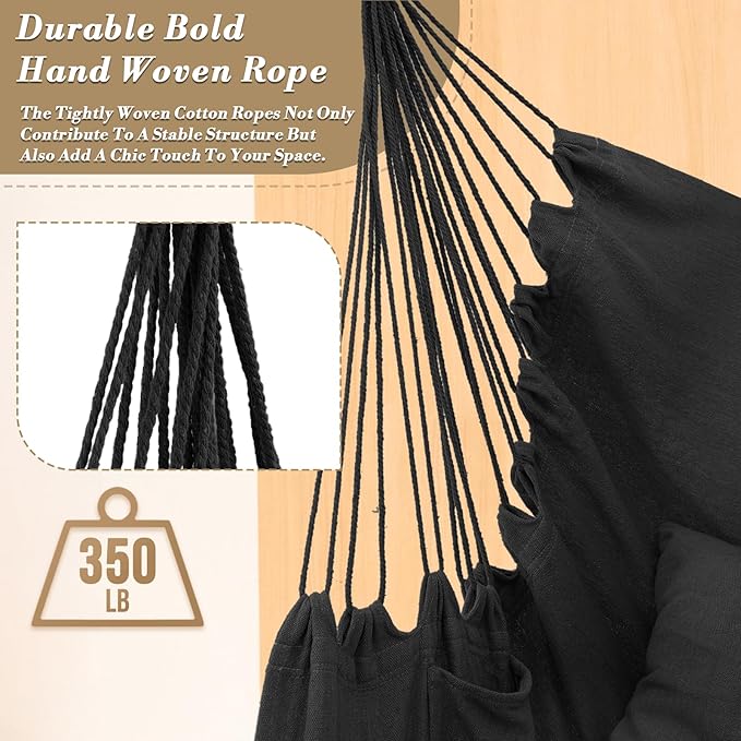Athena Collection Hammock Chair Hanging Rope Swing Chair with 2 Cushions, Max 350 Lbs, Hanging Macrame Chair with Anti-Slip Grooves Spreader Bar and Pocket for Outdoor Indoor Patio Yard, Black