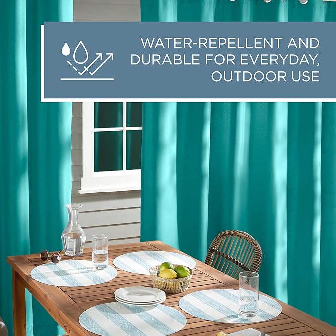 TOWN & COUNTRY BASICS Cabana Solid Heavyweight Indoor Outdoor Curtains, Light Filtering Opacity with Grommet Top, Water Repellent, 2-Pack Set, 54"x84", Teal