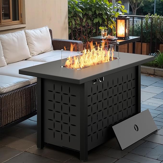Vongrasig 7 Piece Patio Furniture Set with Gas Fire Pit Table, Outdoor Conversation Sets Wicker Rattan Sectional Sofa with Coffee Table, 43” Propane Gas Firepit Table with Lid, Beige
