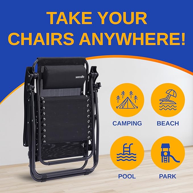 SereneLife Outdoor Zero Gravity Lounge Chair Set with Table – 2 Adjustable Recliners with Cup Holders, Headrest, Steel Frame & Foldable Design for Patio, Pool, Garden, or Camping