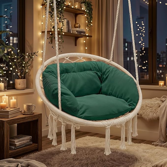 Magshion Hanging Hammock Chair with Comfy Cushion Offer Extra Support, Macrame Swing Chair Porch Hanging Chair, 350 Lbs Capacity, Perfect for Backyard Beach Relaxation and Enjoyment (Green and White
