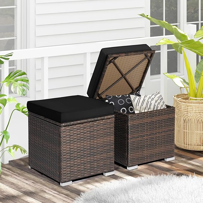 RELAX4LIFE Wicker Outdoor Storage Ottoman, 2-Piece Rattan Footstool w/Removable Cushion, Multipurpose Footrest Stool Side Table Additional Seating, Set of 2 Outdoor Ottomans for Patio Deck (Black)
