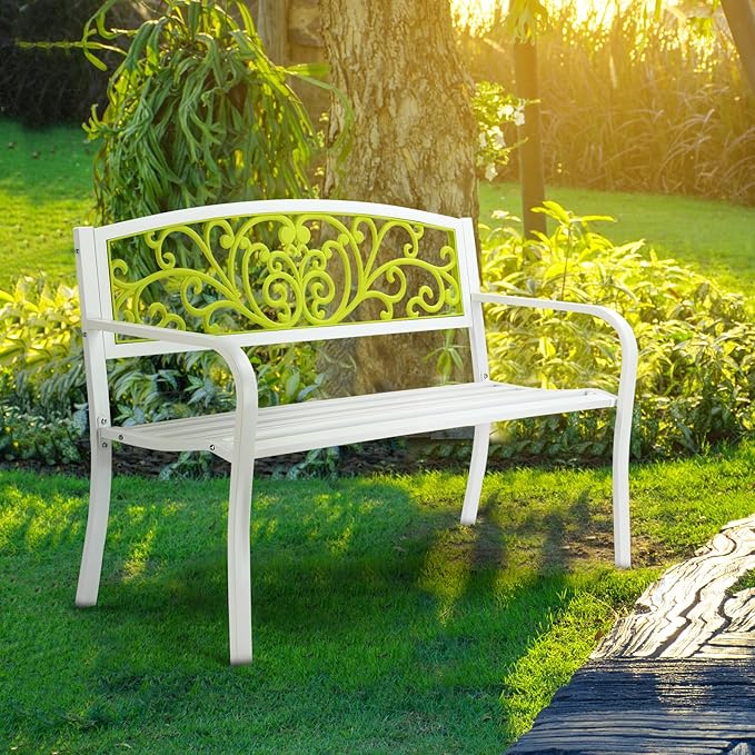 VINGLI Outdoor Bench for Patio Metal Garden Bench w/PVC Back Pattern, Black Park Benches Front Porch Benches for Yard Lawn Decor Deck Entryway (White&Green)