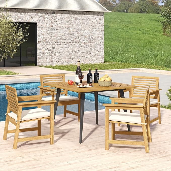 Tangkula 42.5" Acacia Wood Outdoor Dining Table for 4, Patio Table with 1.9" Umbrella Hole, Metal Legs & Adjustable Foot Pads, 4-Person Outside Table for Garden, Poolside & Backyard