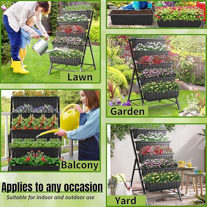 Homdox 2 Pack Vertical Garden Bed, 5 Tiers Vertical Raised Garden Planter, 23 * 26 * 45Inch Outdoor Garden Raised Bed with 4 Hooks, Vegetable Flower Planter Raised Stand for Garden Patio Yard, Black