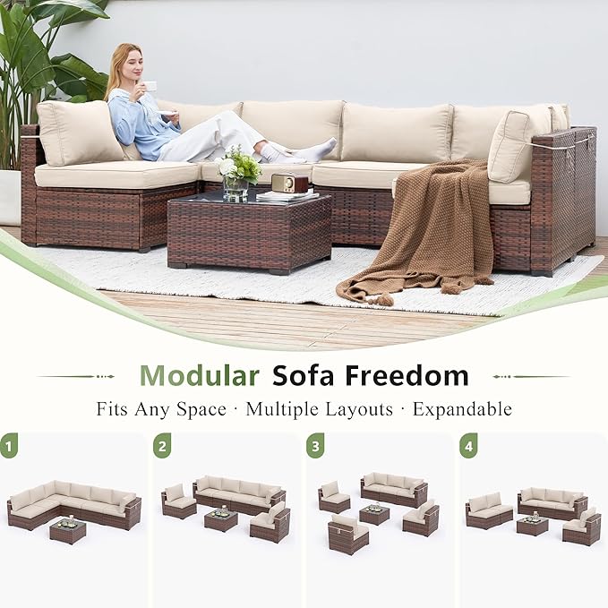 Amopatio Patio Furniture Set 7 Pieces Patio Conversation Set Outdoor Sectional Wicker Rattan Sofa with All-Weather Cover, Patio Furniture with Pillows Fits Porch Garden Backyard Balcony (Cream)