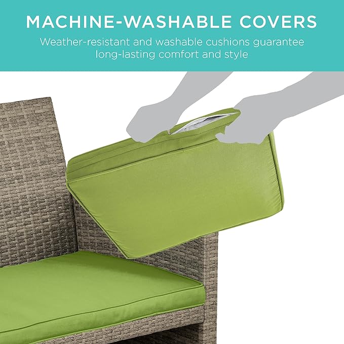 Best Choice Products 4-Piece Outdoor Wicker Patio Conversation Furniture Set for Backyard w/Coffee Table, Seat Cushions - Taupe/Pistachio