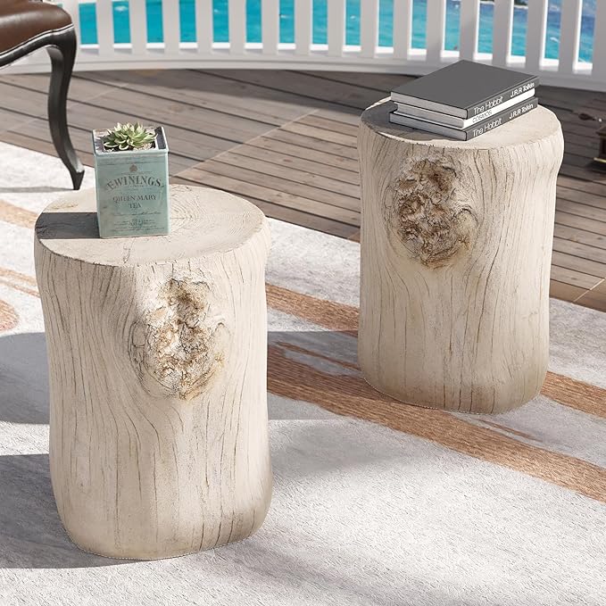 SUNBURY Outdoor Side Table Set of 2, Tree Stump Side Table Antique Beige Colored Faux Wood, End Table Wood Stump Stool, Ottoman or Plant Stand, Deck or Garden