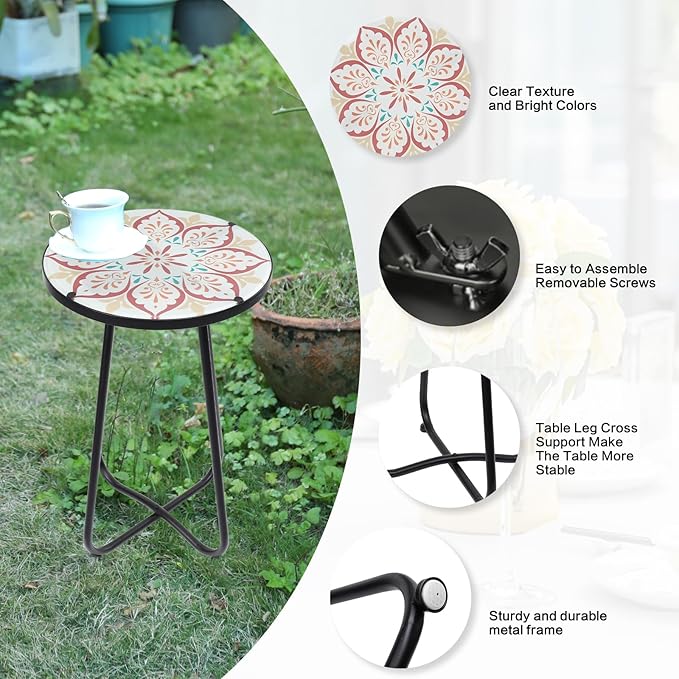 VCUTEKA Patio Side Table Outdoor Accent Table Bistro Coffee Table Plant End Table Small Porch Table Indoor Round Glass Balcony Plant Table Stands Khaki Flower 12 inches