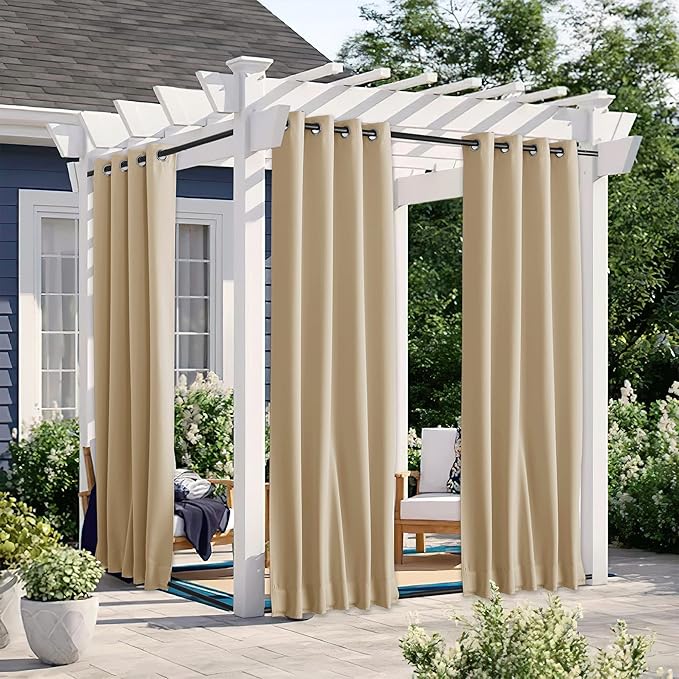 NICETOWN 2 Panels Outdoor Curtains for Patio Waterproof & Windproof, Thermal Insulated Top & Bottom Grommet & Back Tab Light Block Outdoor Drapes with Bouns Rope for Fixed, Biscotti Beige, W46 x L90