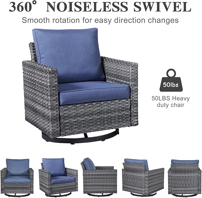 Belord Wicker Patio Furniture 5 Piece Outdoor Sofa Set, Oversize Outdoor Swivel Rocker Chairs with Rattan Ottomans, Conversation Sets Patio Furniture Come with Removable Washable Cushion Blue