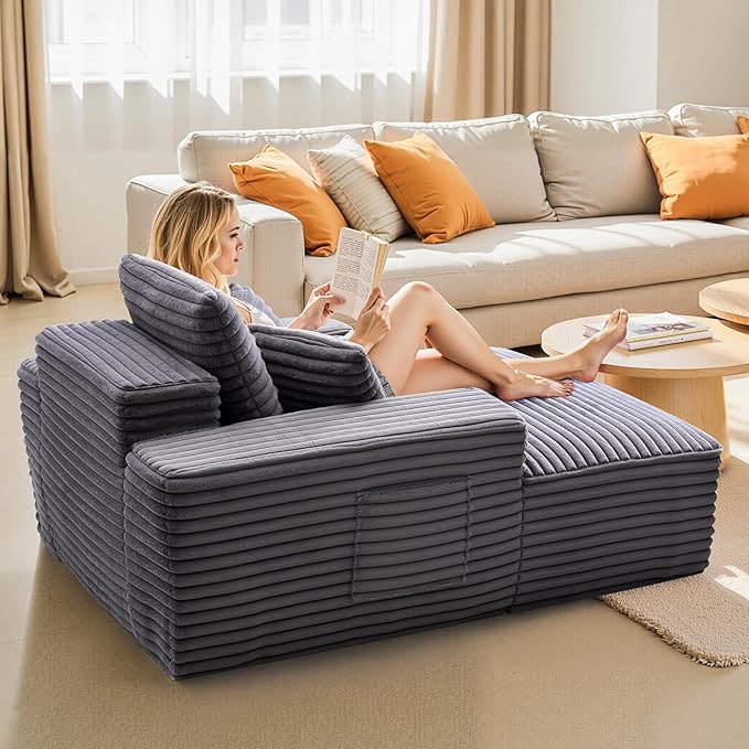 VEVOR Chaise Lounge Chair, 48 in Boneless Chaise Lounge Indoor, Modern Upholstered Oversized Reading Chair with Throw Pillows & Armrests, Sofa Couch Deep Seat Sleeper for Living Room, Bedroom, Balcony