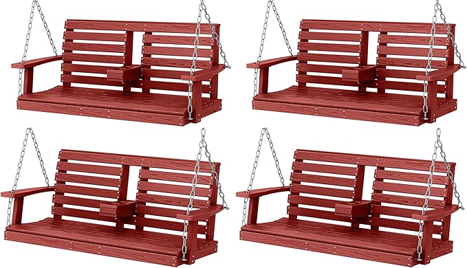 KINGYES Outdoor Hanging Porch Swing Set of 4, 2 Seat Patio Chair With Cup Holders, Waterproof Bench for Courtyard & Garden, 660LBS Weight Capacity, Red