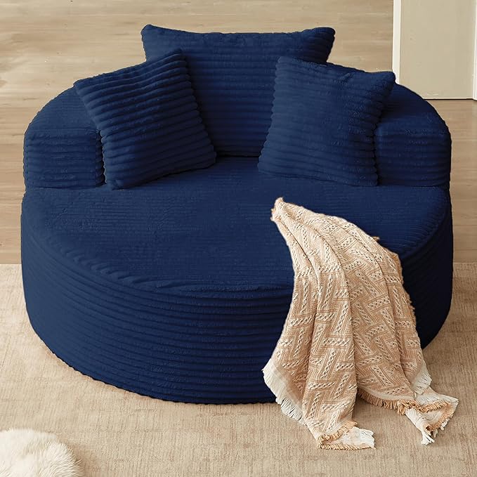 Oversized Round Chair Lounge Chaise Indoor, Upholstered Corduroy Deep Seat Cloud Large Circle Sofa Chair, No Assembly Required, Fluffy Modern Sleeper Sofa Bed for Reading, Living Room, Bedroom, Blue
