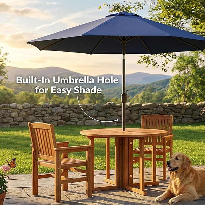 Sunnydaze Malaysian Hardwood Folding Gateleg Patio Dining Table with Teak Oil Finish - 4-Person Space-Saving Round Outdoor Table - 47.25” D x 29" H