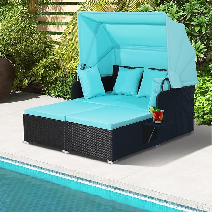 ORALNER Outdoor Daybed, 2-Person Wicker Patio Sofa with Retractable Canopy, Cushions & Pillows, 2 Side Trays, PE Rattan Double Sunbed Lounger for Deck Poolside Backyard Garden Balcony (Turquoise)