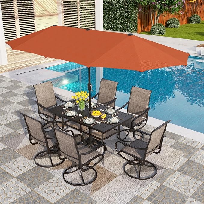 PHI VILLA 8 Piece Patio Dining Set with 13ft Patio Umbrella (Orange Red), 6 Outdoor Padded Swivel Dining Chairs & 1 Large Metal Dining Table with 1.9" Umbrella Hole, for Lawn Garden Backyard