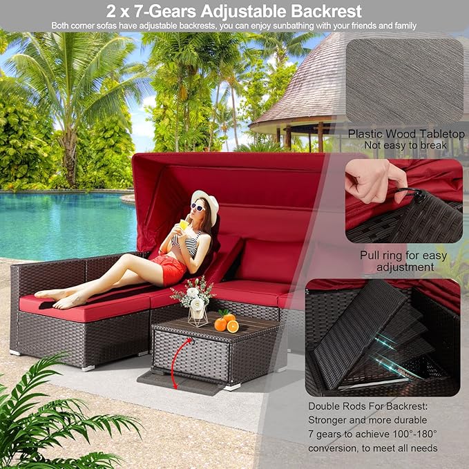 Vicluke 6 Pieces Patio Conversation Sets, Rectangle Wicker Daybed with Canopy, Adjustable Backrest, Storable Tea Table, Outdoor Sunbed for Backyard Garden Poolside(Wine Red)