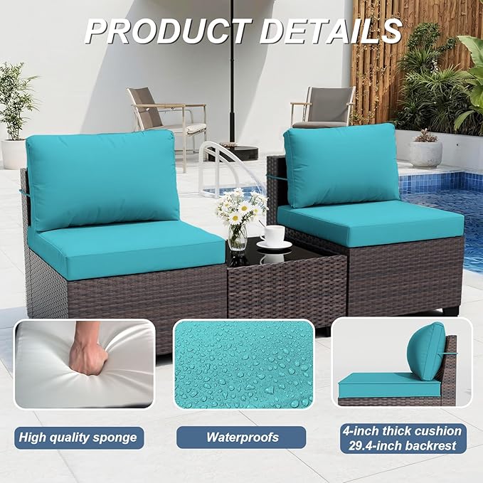 ALAULM Patio Furniture Set with Coffee Table, 9 Pieces Outdoor Sectional with Wide Seat and Thick Cushion, All Weather Wicker Rattan Conversation Set for Backyard, Garden, Deck, Turquoise