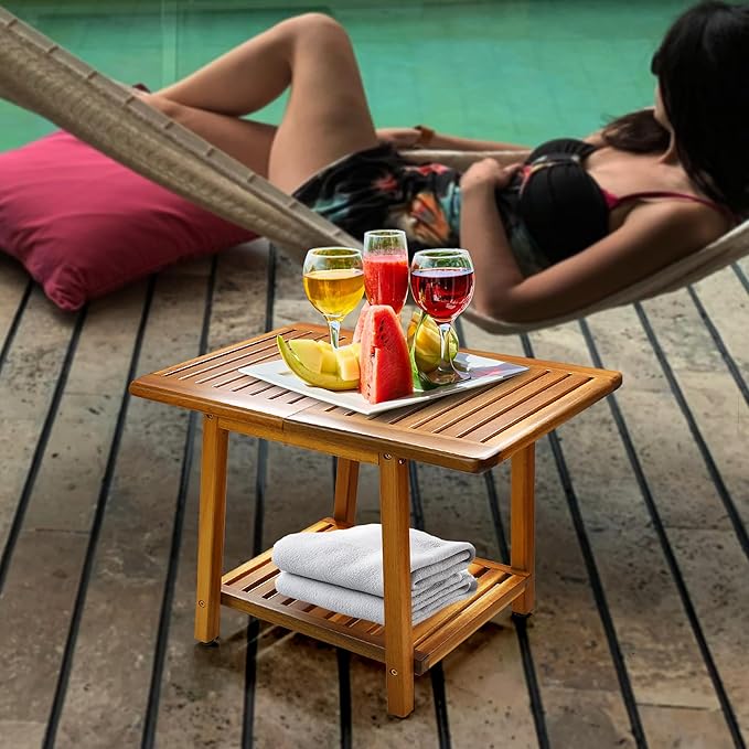 ENKEZI Acacia 24 Inches Outdoor Side Table, 2-Tier Sturdy Patio, End Table Weather Resistant, Strong Stability Side Table for Patio, Pool, Porch, Teak Finish (Large)