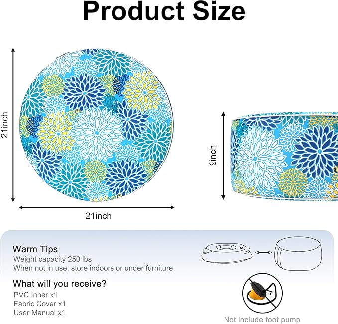 Inflatable Ottoman Stool D21 xH9 for Outdoor/Indoor Use, Water Repellent Patio Foot Rest Stool with Portable Handle,Round Pouf Ottoman Suitable for Garden,Deck and Camping - Dahlia Blue