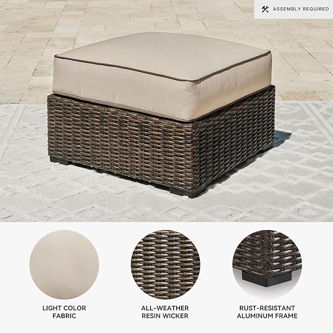 Signature Design by Ashley Coastline Bay Outdoor Patio Nuvella Weather Resistant Fabric, Resin Wicker Ottoman with Cushion, Beige & Dark Brown