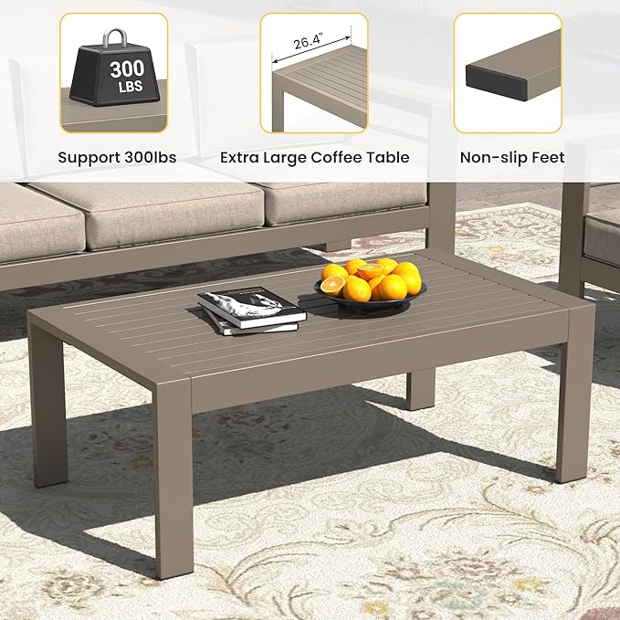 Wisteria Lane Outdoor Furniture Patio Coffee Table, Ourdoor Rectangle Coffee Table, All-Weather Outdoor Metal Coffee Table for Balcony, Garden, Deck, Backyard, Khaki