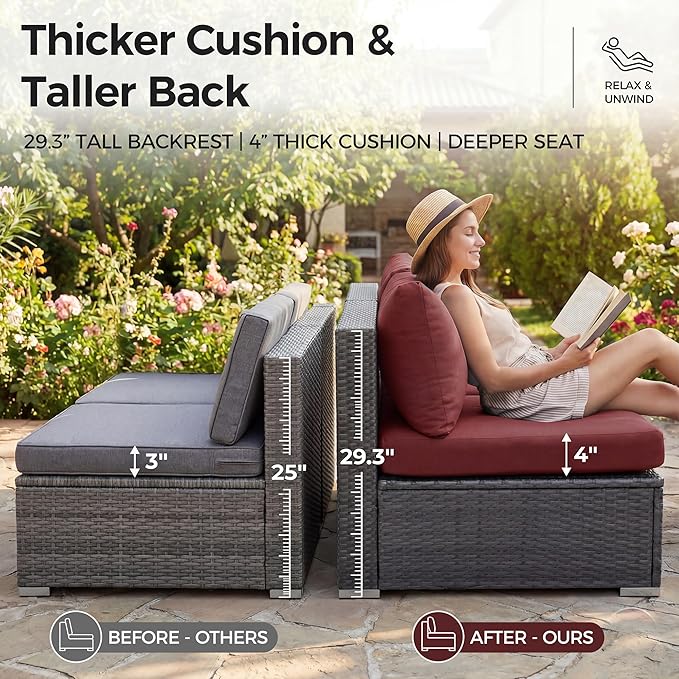 NICESOUL 7 Pieces Modern Luxury 29.3'' High Back Outdoor Furniture Sofa Set, Extra Large Size Grey PE Wicker Patio Modular Sectional with Tables, All-Weather Rattan Conversations for Backyard, Wine