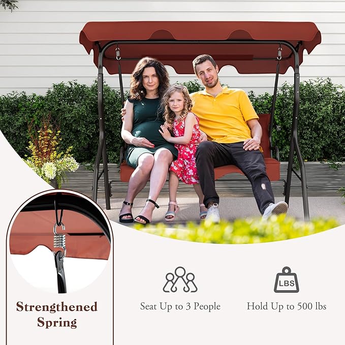 Porch Swing Outdoor, 3 Person Patio Swing w/Removable Cushion, Stand & Adjustable Canopy, Heavy Duty Swing Chair for Patio, Garden, Courtyard, Poolside