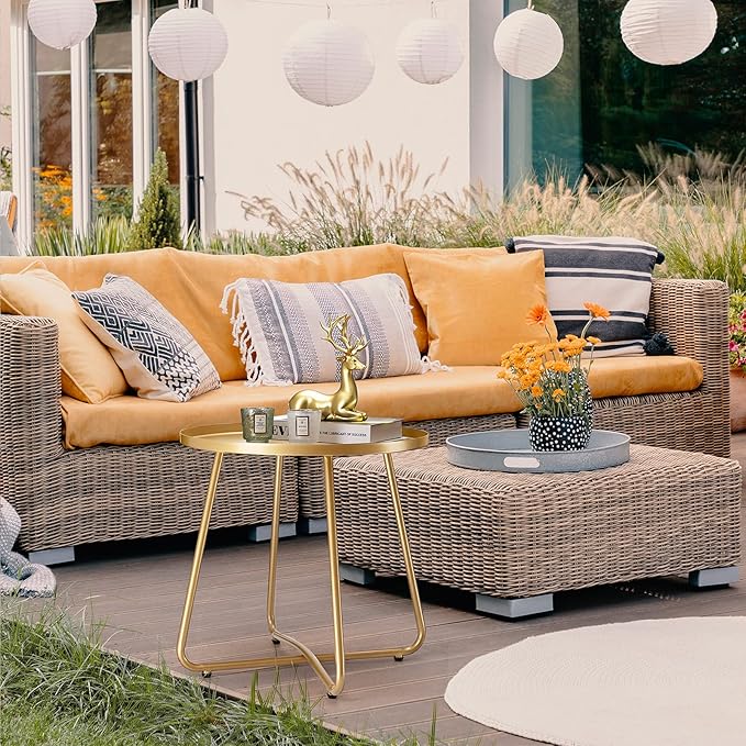 danpinera Outdoor Side Tables, Weather Resistant Steel Patio Side Table, Small Round Outdoor End Table Metal Side Table for Patio Yard Balcony Garden Bedside (Gold)