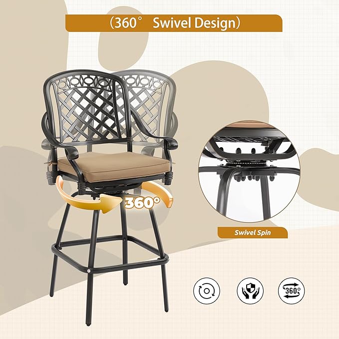 3-Piece Cast Aluminum Patio Bar Set, Outdoor Round High Top Table & 2 Swivel Bar Chairs with Cushions, All-Weather Bistro Table and Chairs Set for Patio, Lawn & Garden (1 Table +2 Swivel Chairs)