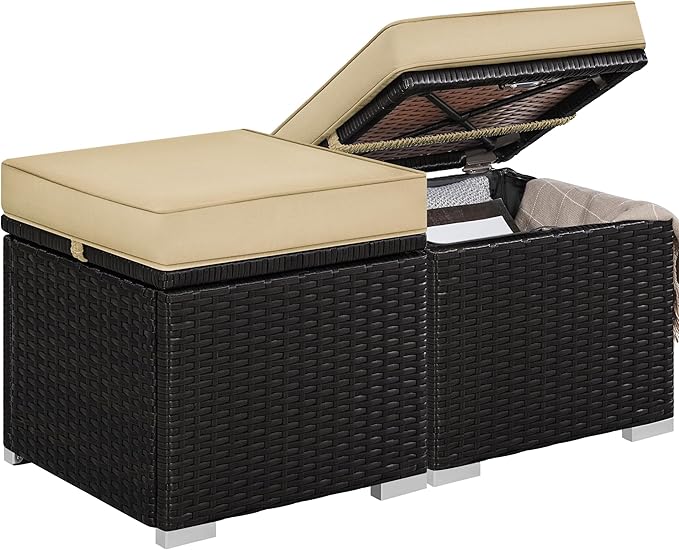 Yaheetech Wicker Ottomans, Set of 2 Patio PE Rattan Side Tables with Hidden Storage & Removable Cushion, Outdoor/Indoor Footstools, Additional Seating for Garden/Balcony/Yard, Brown/Khaki